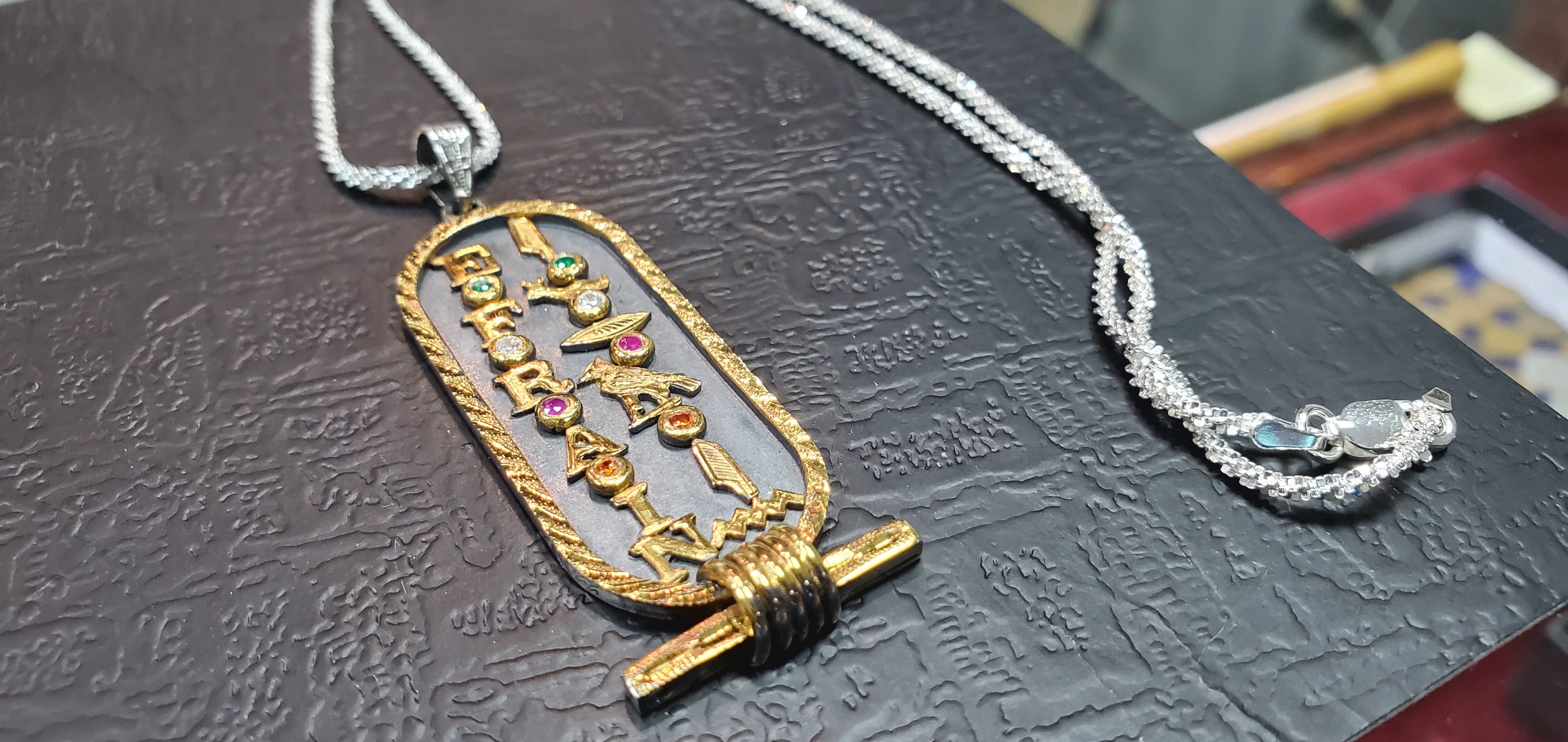 Custom Pendant - 1-Sided Egyptian Gold Cartouche Pendant with Englich and Heiroglyphics and Birthstones